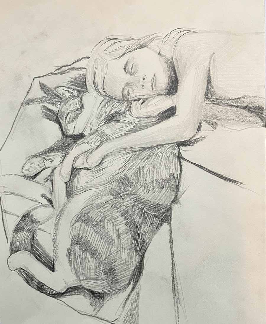 Skizze Zeichnung Katze mit Kind